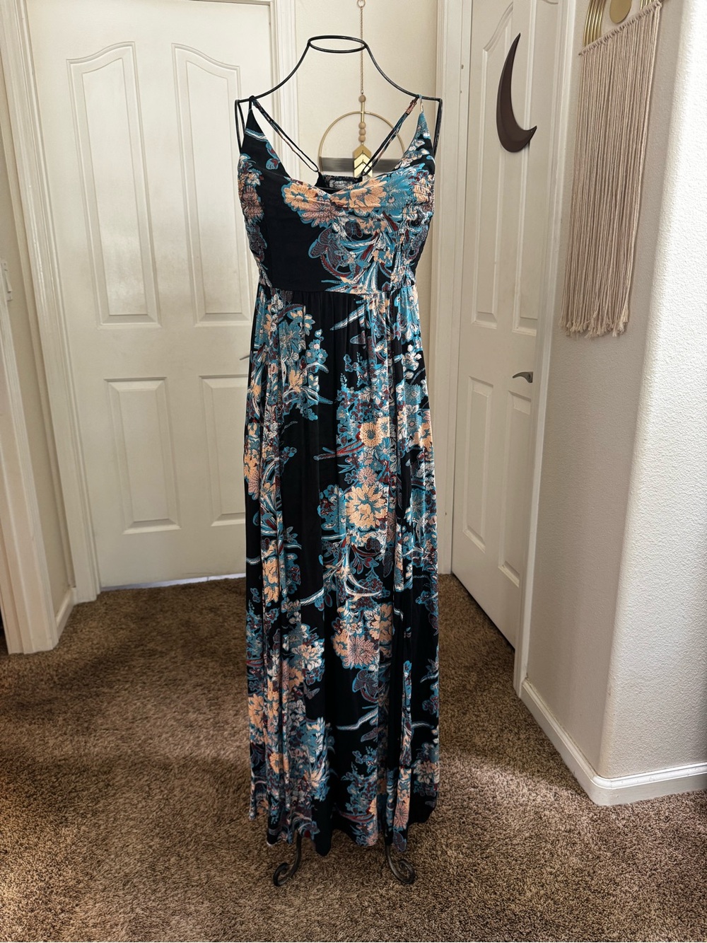 Black Floral Maxi Dress with Teal and Peach Print